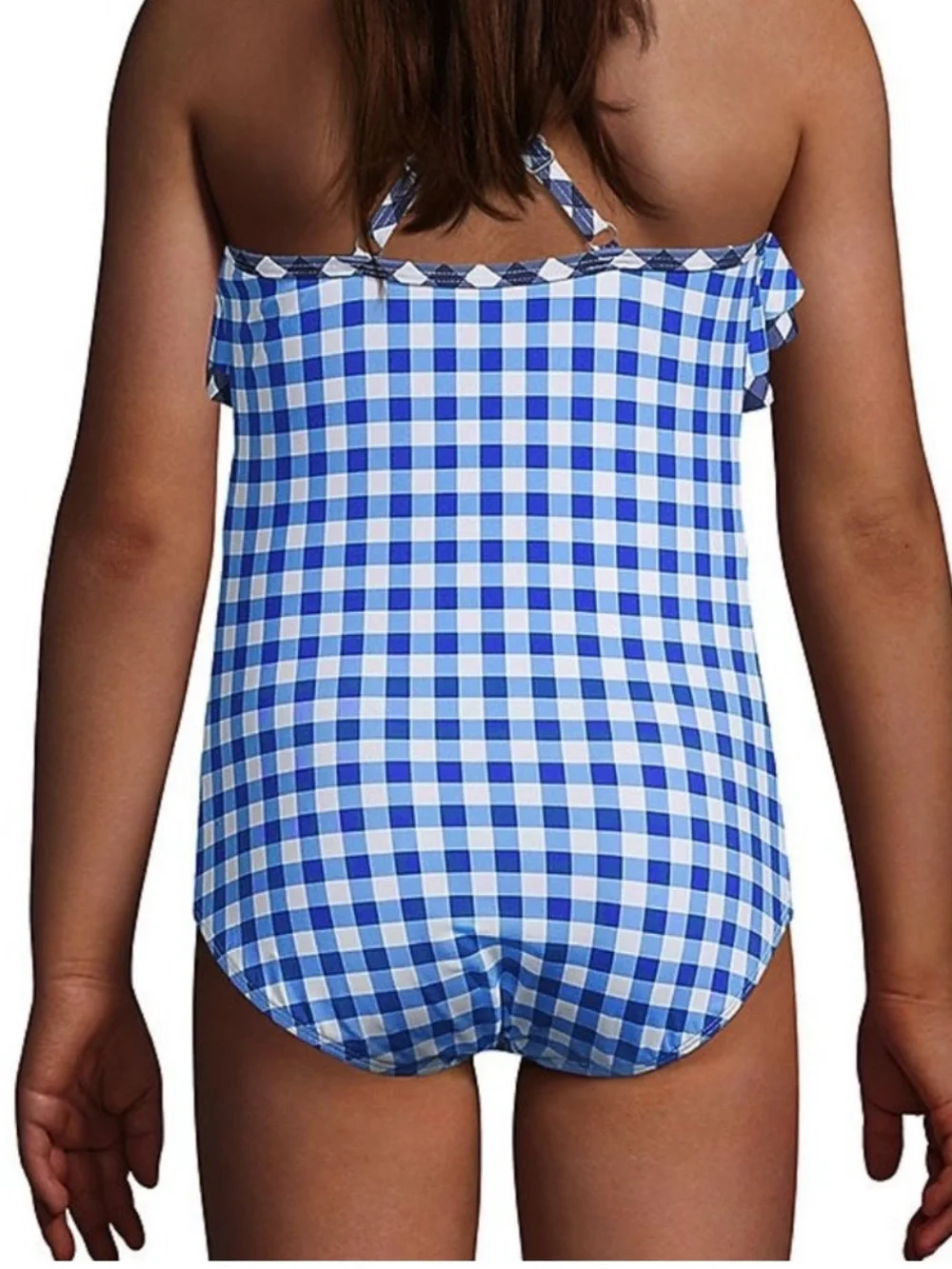 NWOT Draper James Lands End Blue and White Gingham Ruffle One-Piece Swimsuit